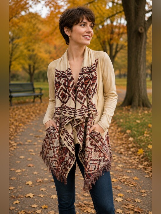 No Boundaries Sweaters - No boundaries taupe aztec fringe hem cardigan